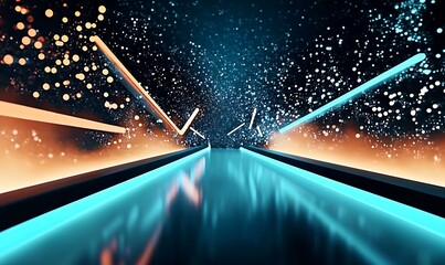 Abstract tunnel with futuristic glowing neon lights and particles