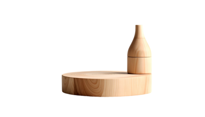 A wooden bottle sits atop a circular wooden platform, both against a stark black backdrop. The bottle is cylindrical and tall