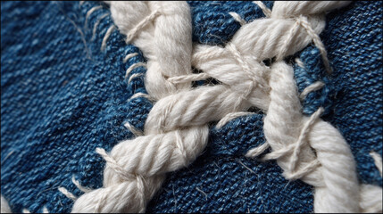 Close-up macro shot of thick white yarn intricately woven onto textured blue denim fabric. Detailed view of a decorative stitching pattern using chunky white yarn on a rough blue denim textile.