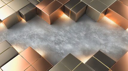 Premium 3D Geometric Border with Metallic Cubes and Glowing Light on Grungy Textured Background