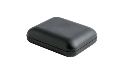 A close-up studio shot showcasing a rectangular, dark gray, plastic container. It has a slightly rounded lid