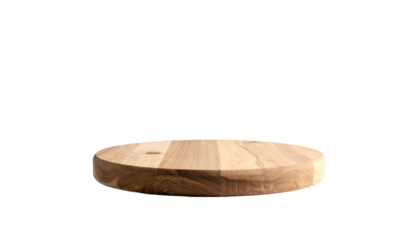A singular, round, wooden platform, centrally positioned. It floats against a stark, black backdrop, highlighting its natural wood grain and shape