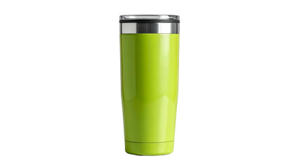 A tall, insulated tumbler in a vibrant green hue with a shiny silver rim and lid, set against a stark black background
