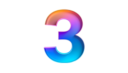 A vibrant, glowing number "3" is the image's focal point. Its gradient transitions from orange to blue with a neon-like outline against a solid black background