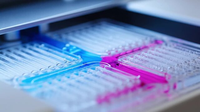 Ultra detailed macro shot of transparent microfluidic chip with neon blue and pink liquid streams flowing through microscopic pathways bubbles moving accurately modern high tech lab style shallow dept