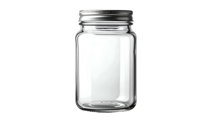 A transparent, rectangular glass container with a silver, screw-on lid, shown against a black background. The jar is empty