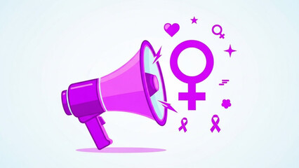 Vibrant purple megaphone with female symbol and empowerment icons for social movements and awareness campaigns with heart and ribbons with female empowerment
