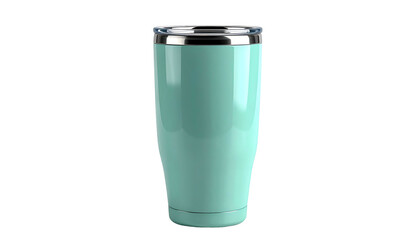 An isolated, sleek, and cylindrical tumbler, aqua-colored, with a silver-rimmed lid, presented on a black backdrop
