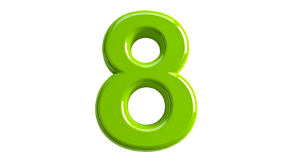 A vibrant, glossy green number eight floating against a stark black background. The digit has a rounded, three-dimensional appearance with highlights