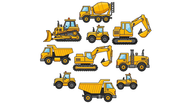 A vibrant collection of yellow construction vehicles, including excavators, bulldozers, dump trucks, and a cement mixer, arranged in a circular pattern against a clean white background