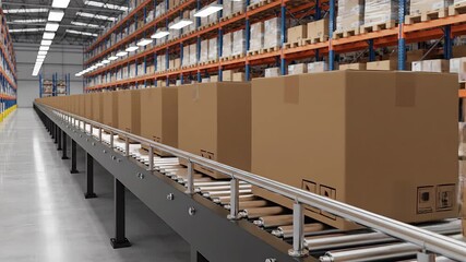 Long shot of numerous brown cardboard boxes moving efficiently along an automated conveyor belt system inside a vast modern industrial warehouse or distribution center highlighting advanced logistics.