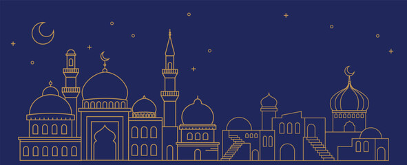 Ramadan Kareem background in line art style. Modern Islamic greeting card template and wallpaper design. Poster and media banner illustration