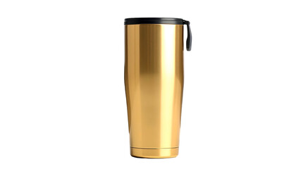A tall, golden-colored, insulated tumbler with a black lid and handle, set against a stark black background