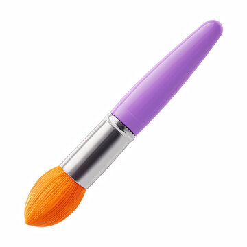 3D cute cartoon paint brush with purple handle and orange bristles, glossy plastic texture, isolated on transparent background.