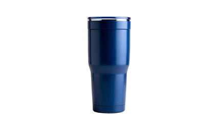 A tall, insulated tumbler in a deep blue hue stands against a stark black background, emphasizing its sleek, cylindrical shape. The top features a silver band