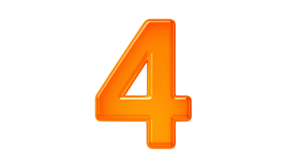 A vibrant, glossy, orange numeral four is centered on a solid black background. The digit has a 3D effect