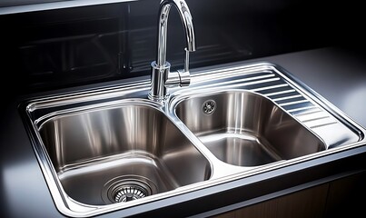 Polished stainless steel kitchen sink with dual basin and drying rack area