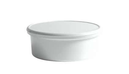 A white, round container with a lid, presented against a black backdrop, showcasing a simplistic and clean design