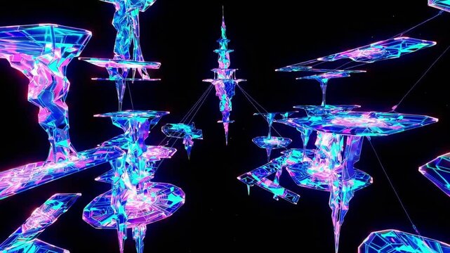 iridescent crystal formations floating in black void translucent cyan and magenta shards form surreal vertical structures, reflective facets catch neon highlights, kaleidoscopic motion and futuristic