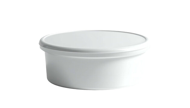 A white, round container with a lid, presented against a black backdrop, showcasing a simplistic and clean design