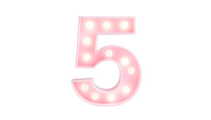 A numeral "5" with a pink, glowing marquee design and numerous lightbulbs is centered against a stark black background