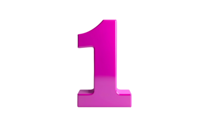 A vibrant, glossy, pink numeral one against a stark black background. The number appears three-dimensional