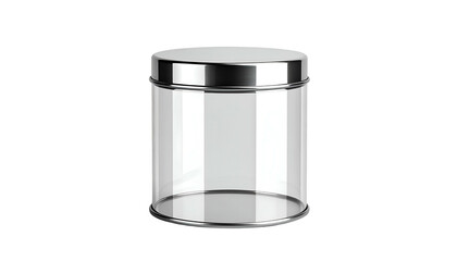 A cylindrical transparent jar with a shiny metallic lid and base, set against a stark black backdrop. The glass is clear