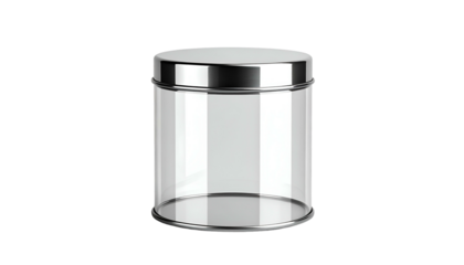 A cylindrical transparent jar with a shiny metallic lid and base, set against a stark black backdrop. The glass is clear