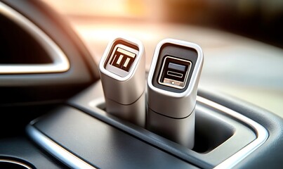 Two modern usb car chargers with dual ports sitting in vehicle center console