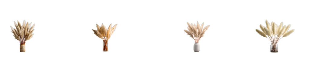 Obraz premium Elegant fluffy dried pampas grass bouquets displayed in various decorative vases creating a chic and natural aesthetic ideal for contemporary home decor and stylish brand promotions