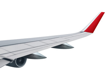 Airplane wing with red winglet and jet engine, flying for air travel and global transportation concepts on transparent background