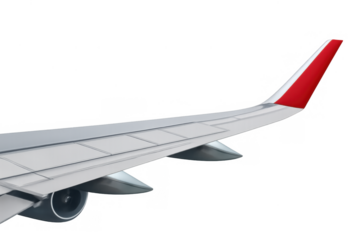 Airplane wing with red winglet and jet engine, flying for air travel and global transportation concepts on transparent background