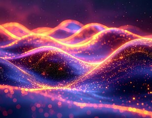 Obraz premium Glowing digital waves with vibrant colors of purple, orange, and gold