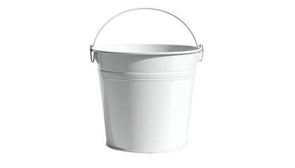 A simple, shiny, white metal container with a sturdy handle arches over the top against a black background