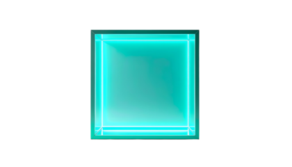Illuminated square with a bright teal glow. A neon outline frames a lighter interior, against a stark black background