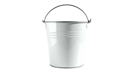 A solitary, pristine white metal bucket with a curved handle, set against a stark, black background. It appears shiny