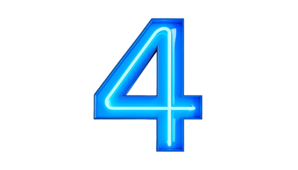 Illuminated numeral four in a bold, neon blue glow against a stark black background, emphasizing its sharp angles