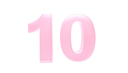A numeral "10" is depicted with a glossy pink finish, appearing against a solid black backdrop. The numerals have a 3D effect