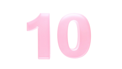 A numeral "10" is depicted with a glossy pink finish, appearing against a solid black backdrop. The numerals have a 3D effect