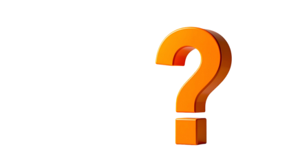 A 3D rendered, luminous orange question mark stands out against a stark black background. It appears to be floating in space