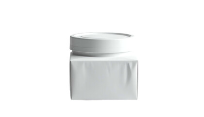A square white container with a circular lid, set against a black background. Clean, simple, and isolated