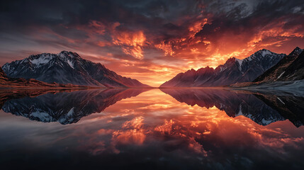 Dramatic sunset over a mountain range reflected in a still lake