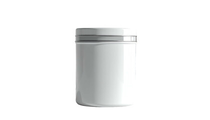 A 3D render of a glossy white cylindrical container, topped with a metallic-gray lid, set against a stark black backdrop