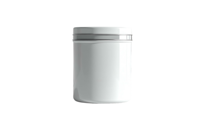 A 3D render of a glossy white cylindrical container, topped with a metallic-gray lid, set against a stark black backdrop