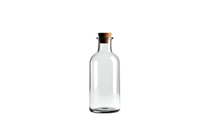 A clear, slender glass vessel with a narrow neck, sealed by a brown cork, sits against a solid black background. Minimalist
