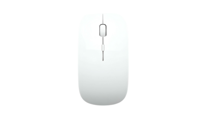 Top-down view of a minimalistic, white computer mouse against a stark, black background. The design is simple and modern