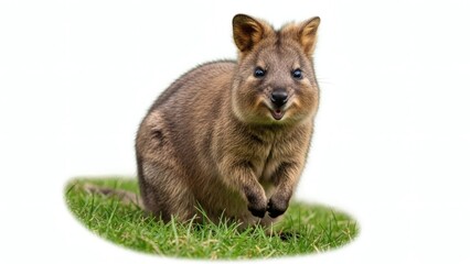 Fototapeta premium A charming portrait of a reddish brown wallaby curiously gazing forward upon a patch of vibrant green grass