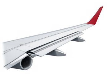 Commercial jet airplane wing, engine and red winglet showing modern passenger air travel and aviation technology