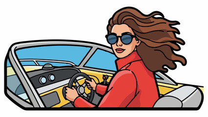 Woman in red coat and sunglasses driving a boat, hair blowing in the wind