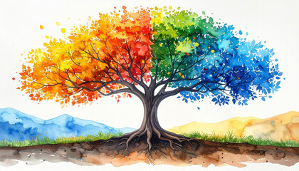 Watercolor tree illustration colorful leaves transitions. Roots extend below with green plants. Family lineage with visual metaphor for genealogy history connection, life cycle